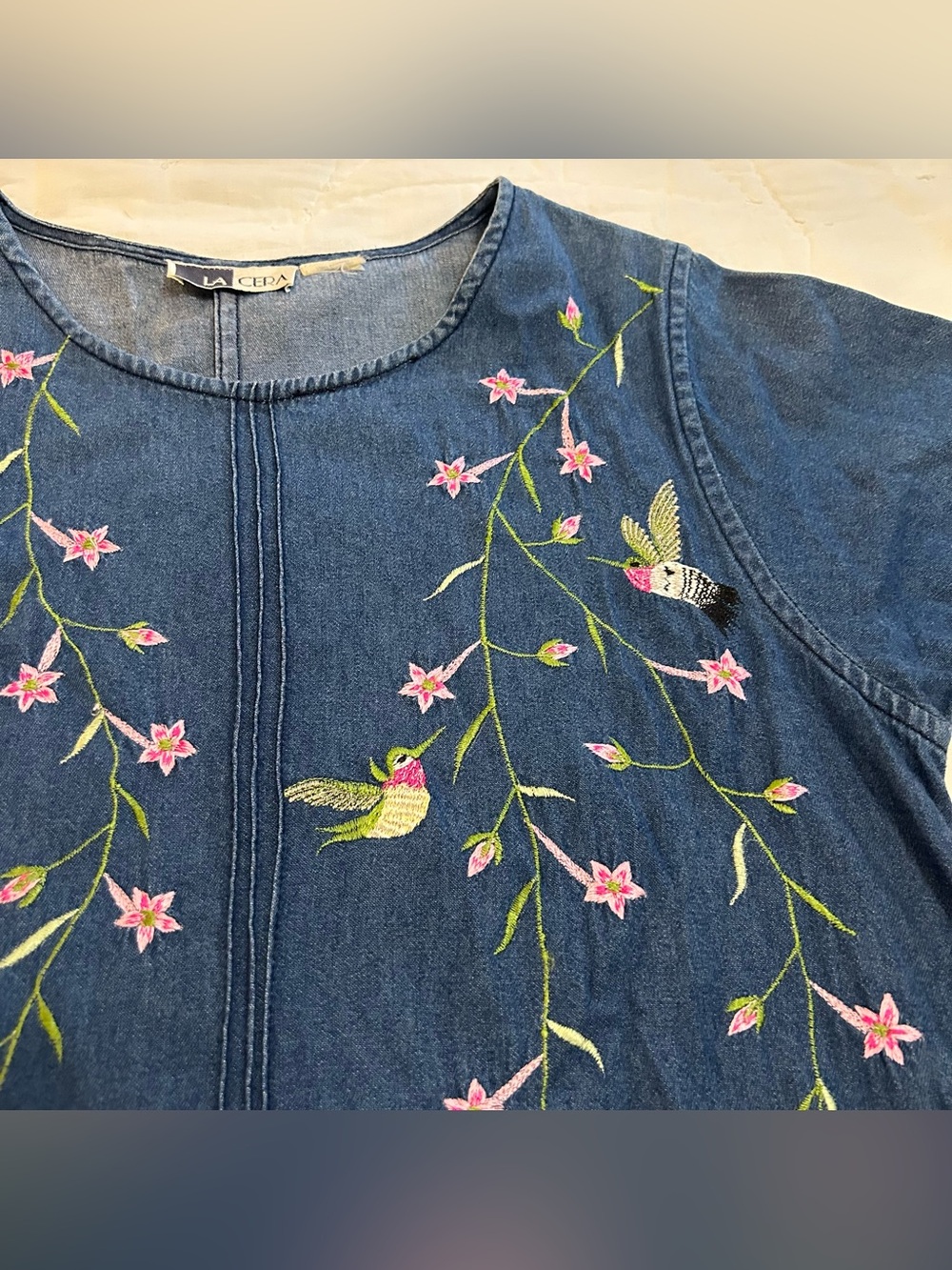 VTG 90s denim dress a-line floral embroidery hummingbirds size M cottagecore